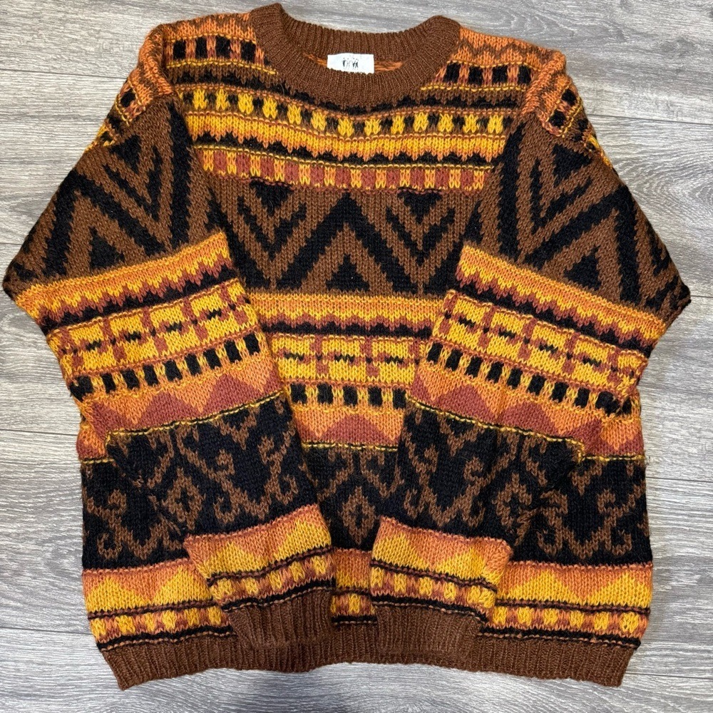 Together! Vintage 90s Wool Blend Geometric Tribal‎ Knit Sweater Mens Large Brown